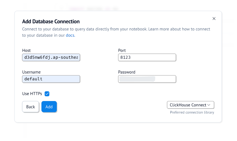 Заполните параметры базы данных