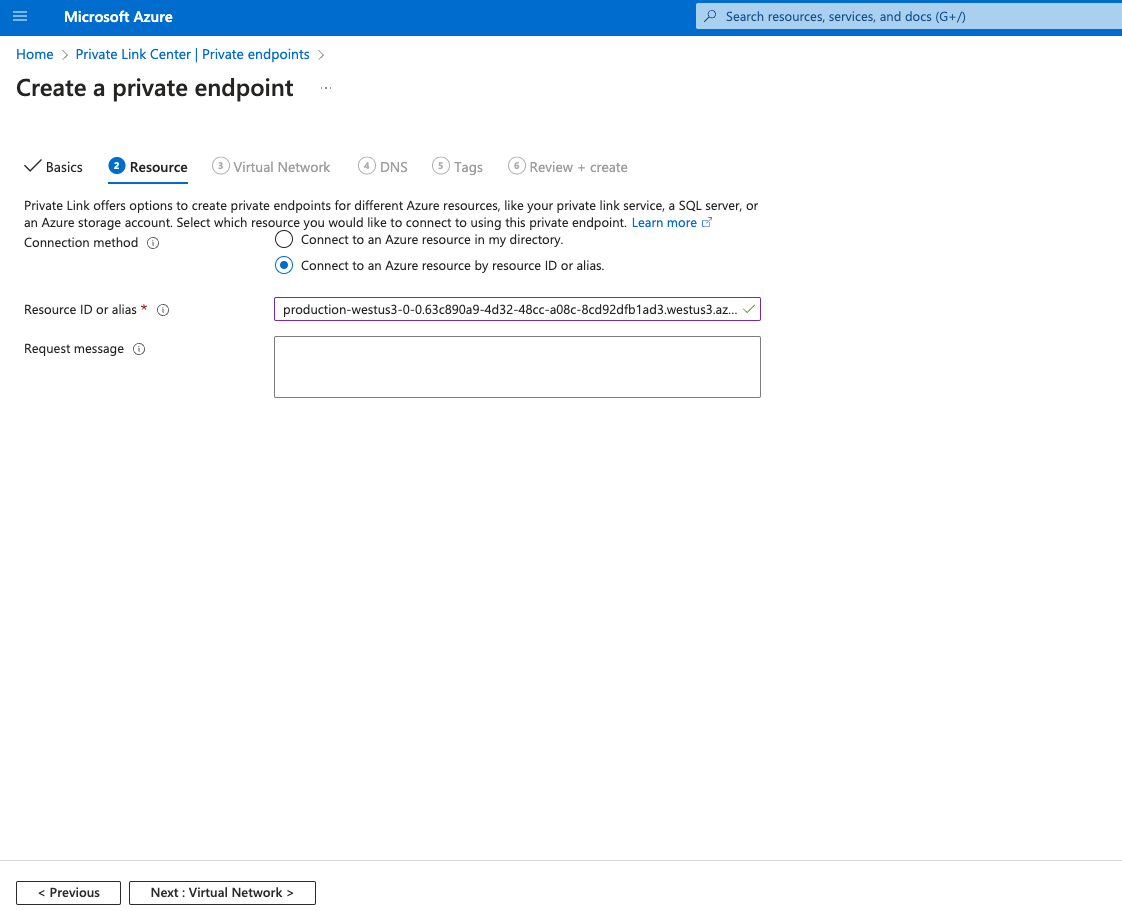 Выбор ресурса для Private Endpoint