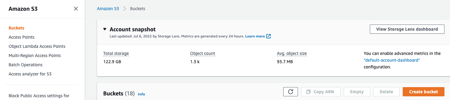 Начало процесса создания корзины S3